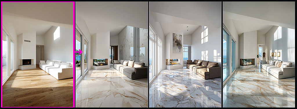 Midjourney Retexture, 나무 바닥 거실을 대리석 바닥 럭셔리 무드로 변환한 예시_Midjourney