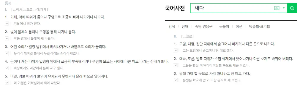 국어사전-새다-뜻