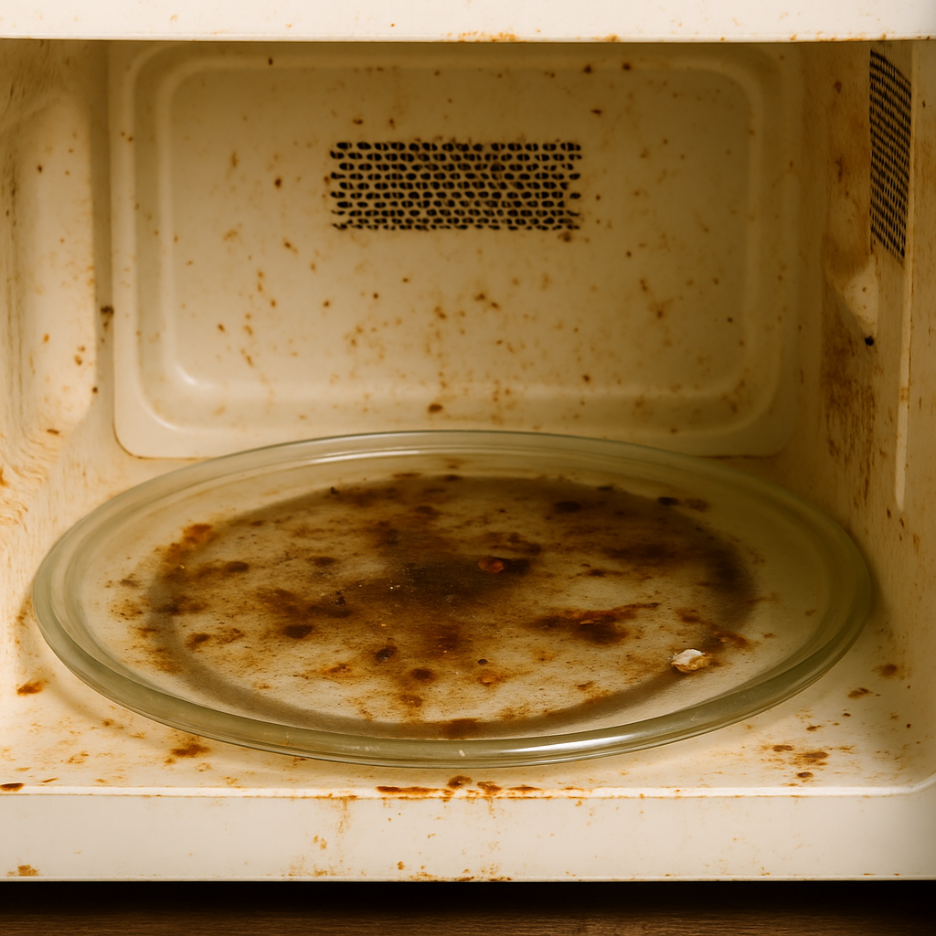 전자레인지 내부에 음식물 얼룩과 찌든 때가 가득한 지저분한 상태