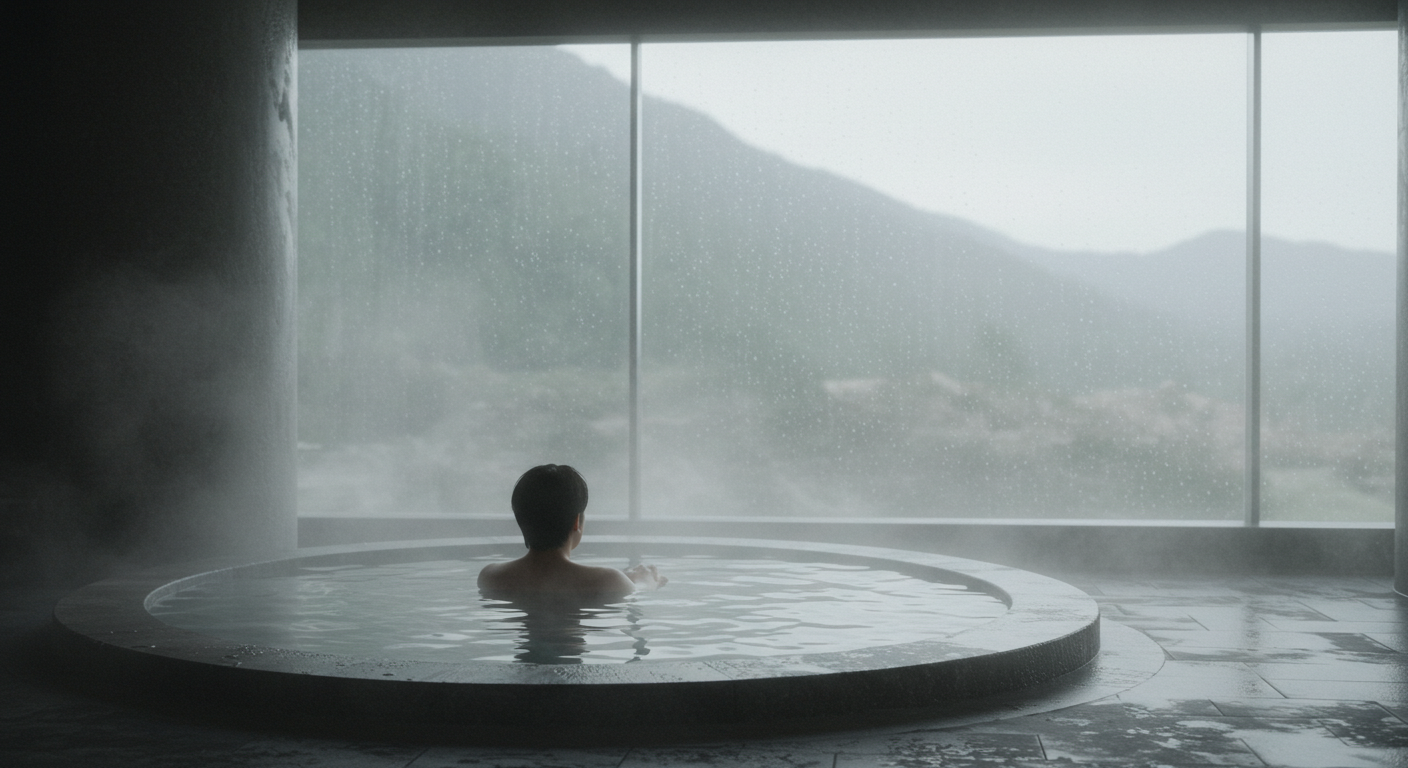 비 오는 날 속초 델피노 워터파크 실내 스파에서 휴식하는 한국인.