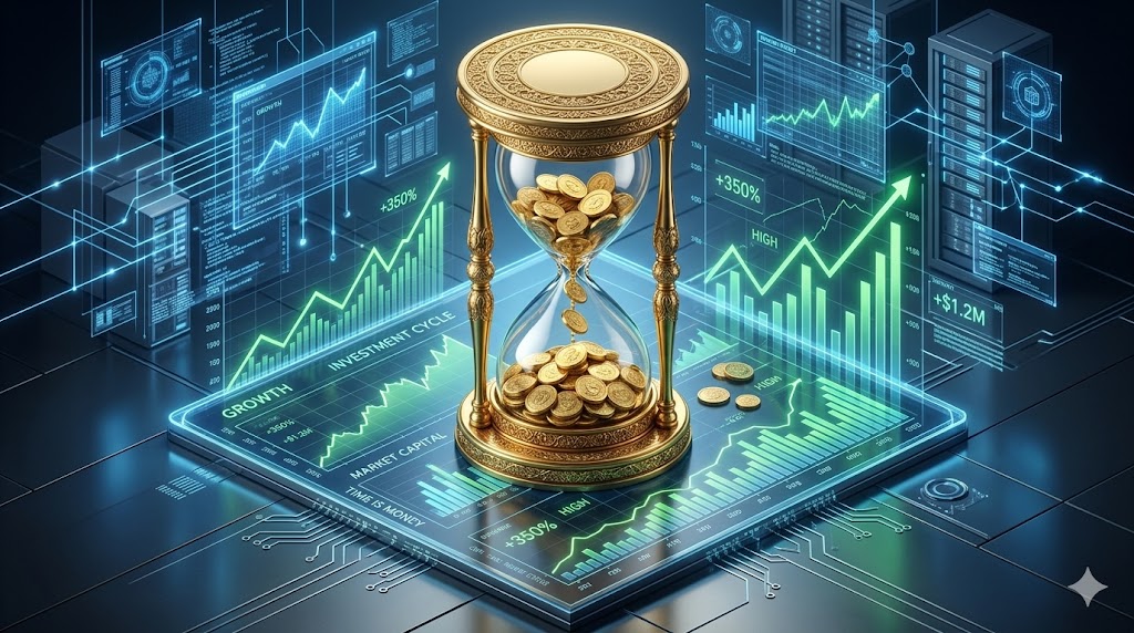 황금빛 모래시계가 테크 주식 그래프 위에 놓여 있고, 모래 대신 금화가 쏟아지는 고급스러운 3D 일러스트