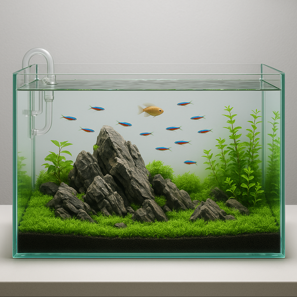 깔끔하게 세팅된 중간 크기 수조 이미지
