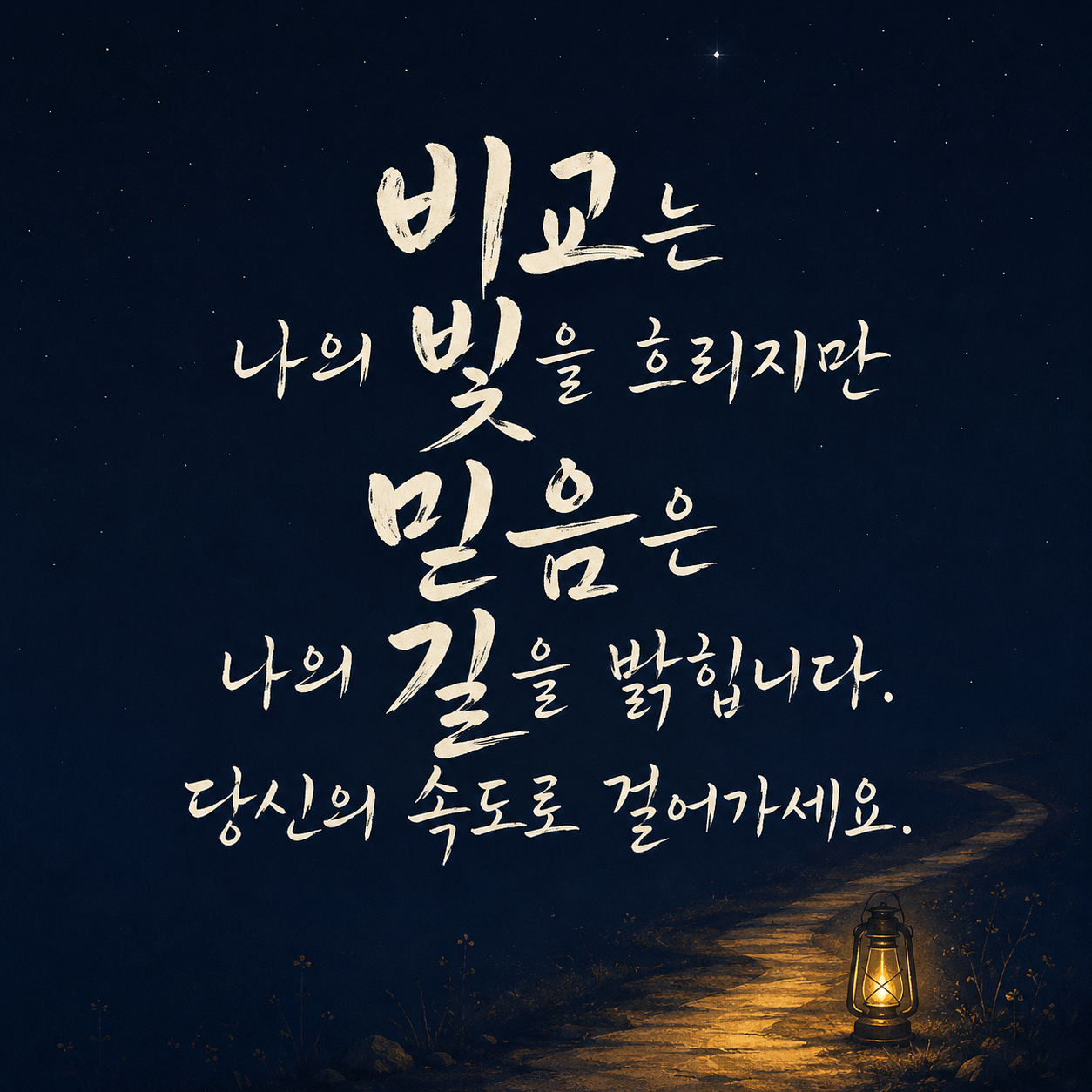 비교하지 않고 나의 속도로 걷는 자존감 캘리그라피 문구