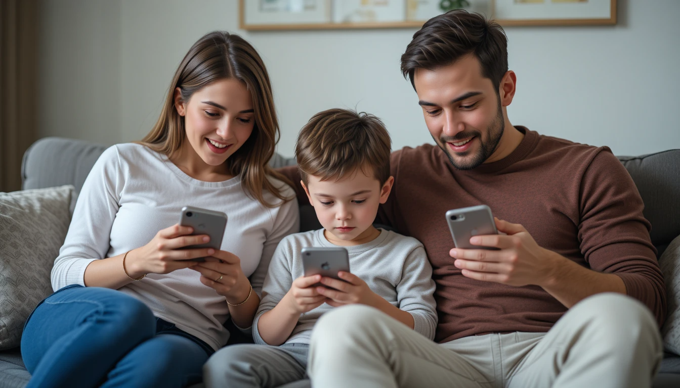 가족이 함께 핸드폰을 사용하고 있는 모습