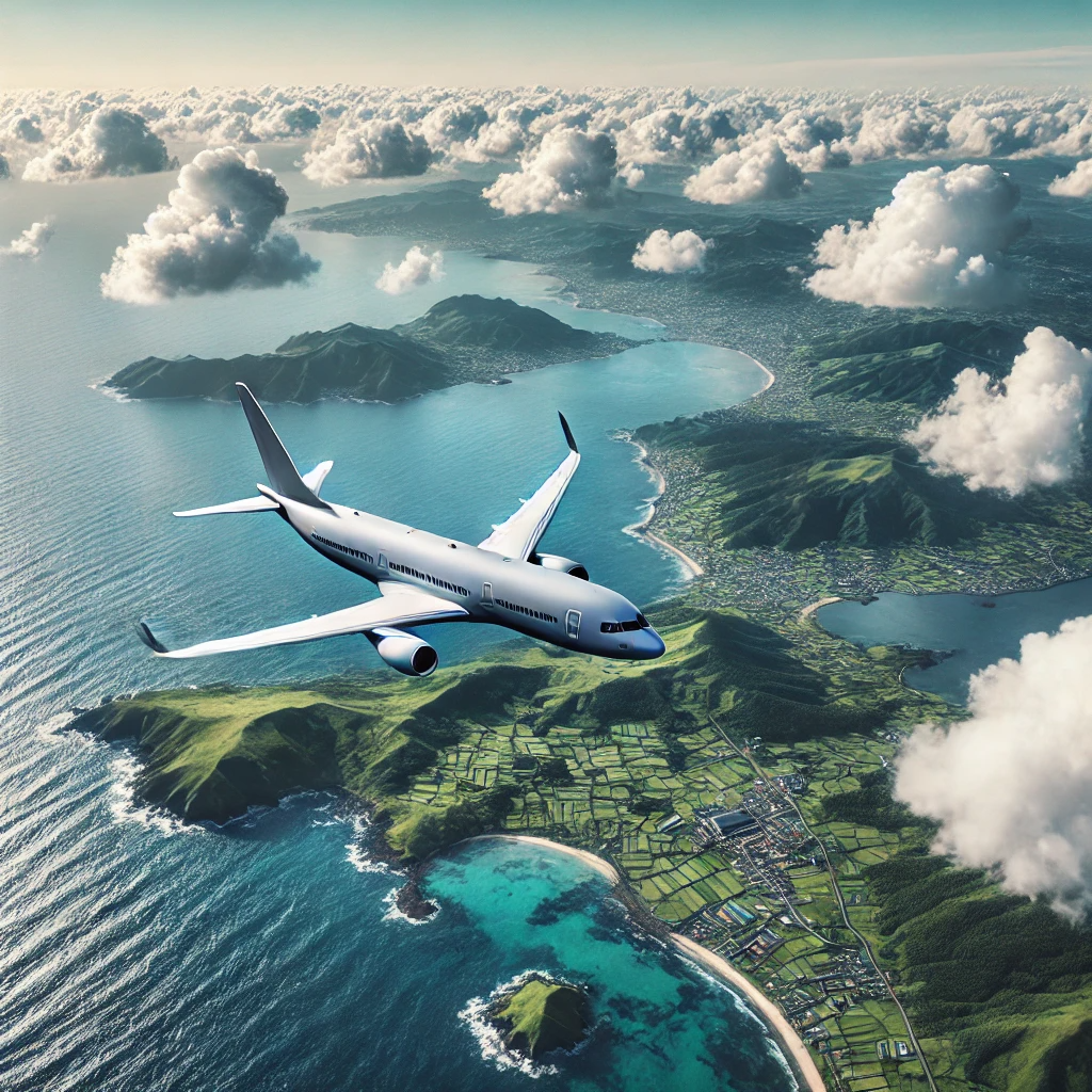 비행기가 제주도 상공을 나는 모습&amp;#44; 해안선과 녹색 언덕&amp;#44; 산&amp;#44; 그리고 주변 바다가 보임