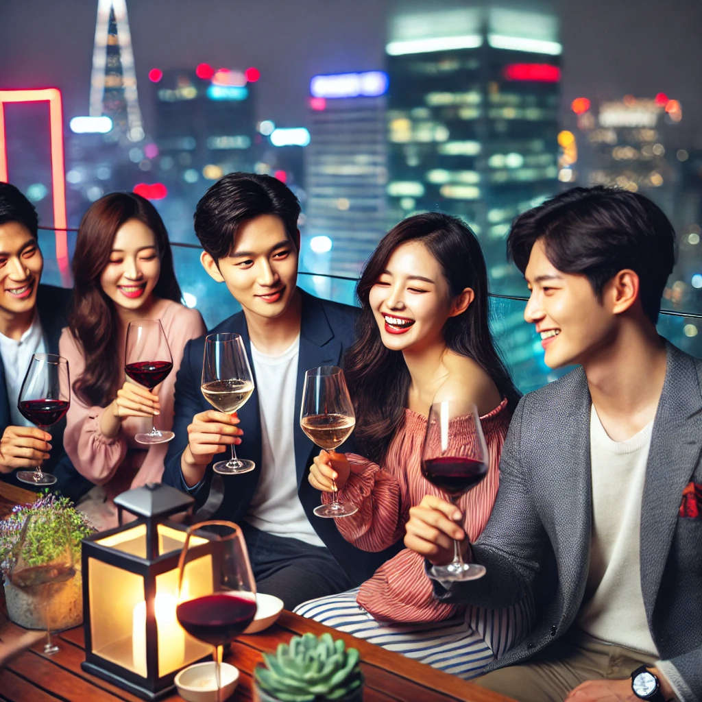 젊은 친구들이 담소를 나누며 와인을 마시는 즐거운 모습입니다.