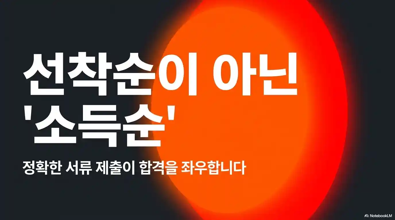 붉은색 원형 빛이 비치는 어두운 배경에 소득순 선발을 강조하는 안내문