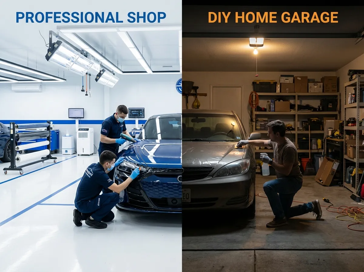 전문 업체 클린룸에서 PPF를 시공하는 모습과 차고에서 DIY로 PPF를 부착하는 모습을 나란히 비교한 사진