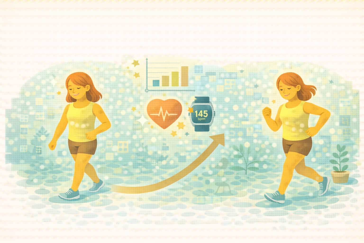 걷기와 조깅, 심박수 조절, 유산소 루틴으로 심폐 지구력을 강화하는 여성의 일러스트