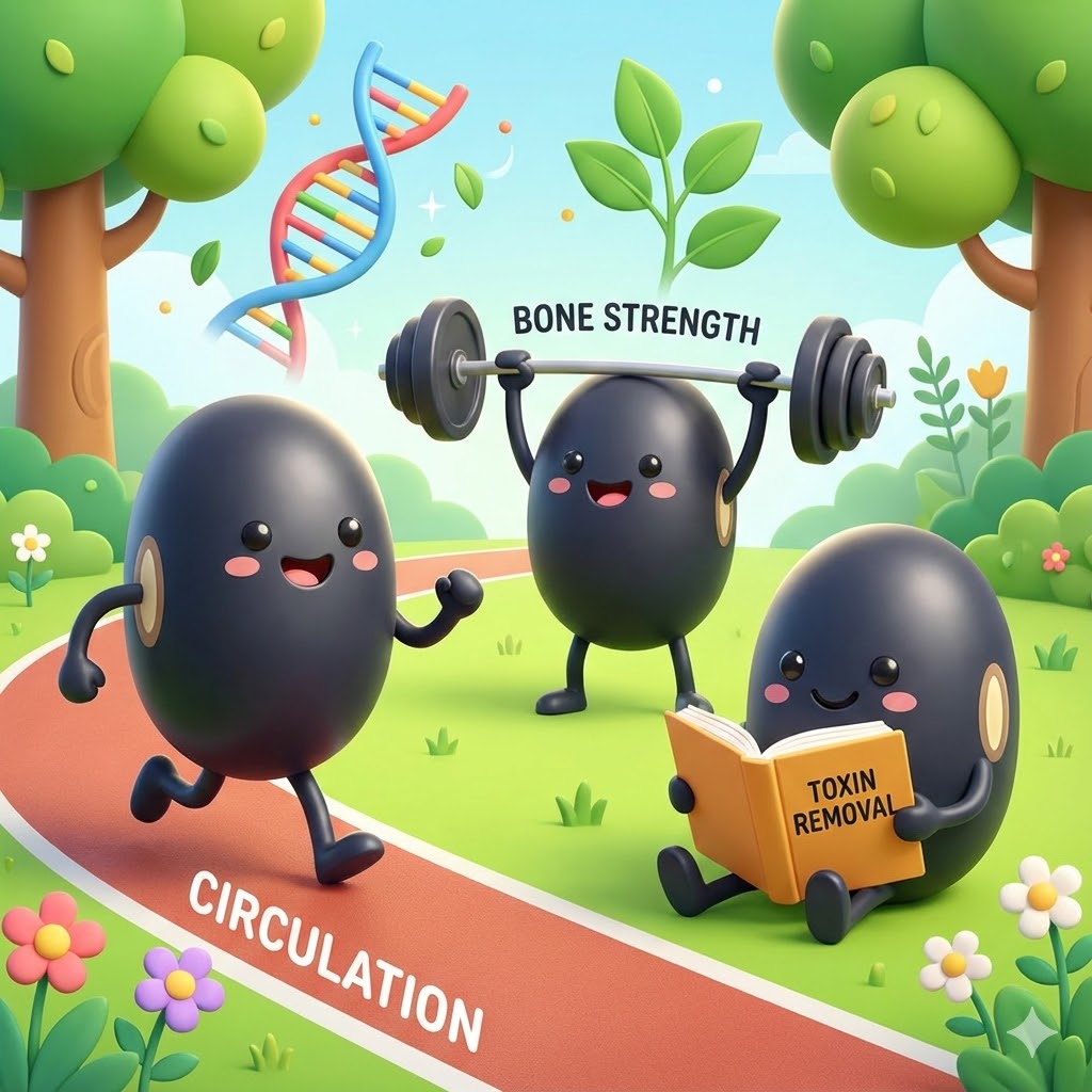 귀여운 쥐눈이콩 캐릭터들이 혈액순환 개선, 뼈 건강 강화, 해독 작용 등 다양한 건강 활동을 즐기는 모습의 3D 카툰 일러스트.