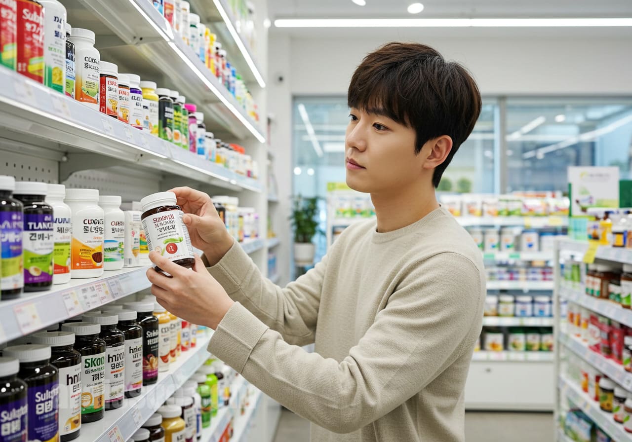 면역력, 혈행, 눈 건강 관리를 위한 건강기능식품을 고르는 한국인 모습