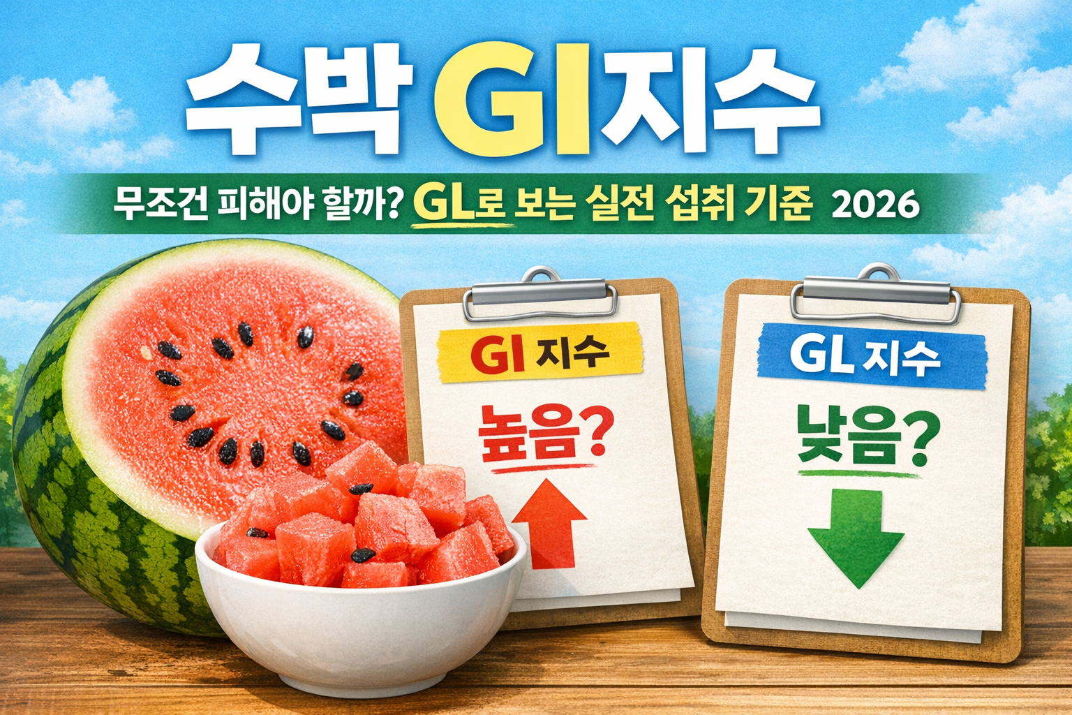 수박 반통과 깍둑썰기 수박, GI 지수와 GL 지수를 비교해 수박의 실제 혈당 부담을 설명하는 썸네일 이미지