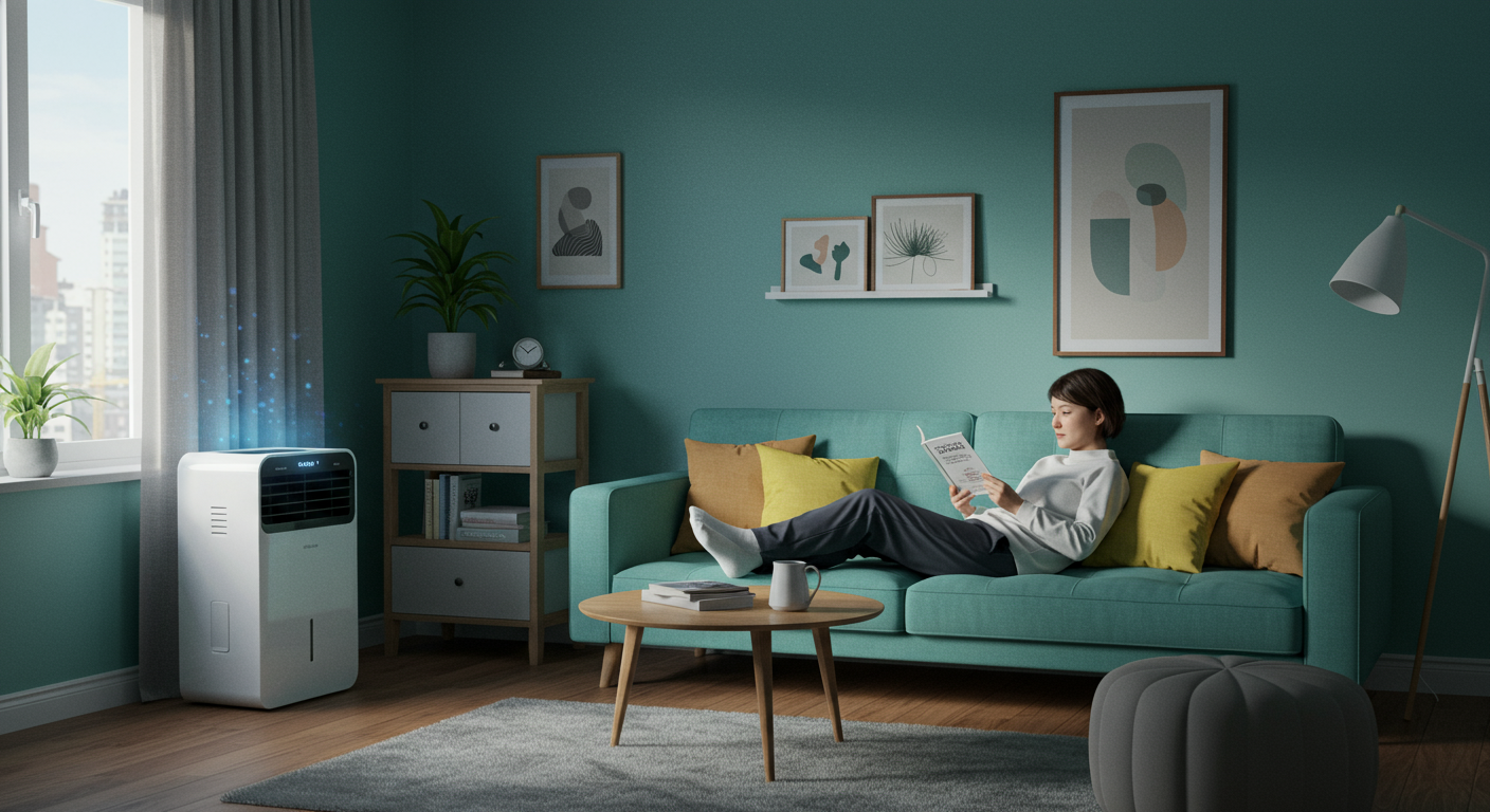 원룸 코너에 놓인 모던한 저소음 제습기가 쾌적하고 조용한 실내 환경을 조성하며 한 사람이 편안하게 책을 읽고 있는 모습.