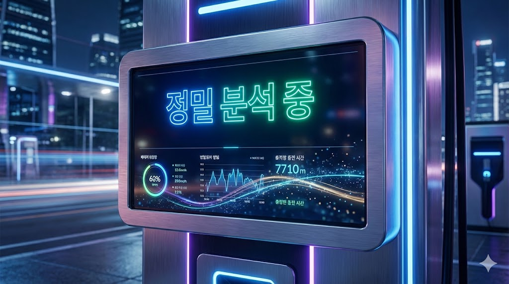 배터리 정밀 분석 데이터가 흐르는 미래형 충전소 화면 이미지