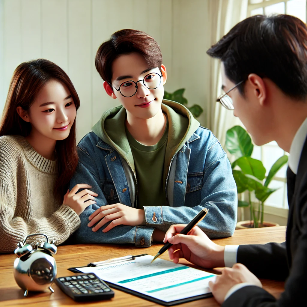 젊은 한국인 부부가 재정 상담사와 연금 계획에 대해 상담하고 있는 모습