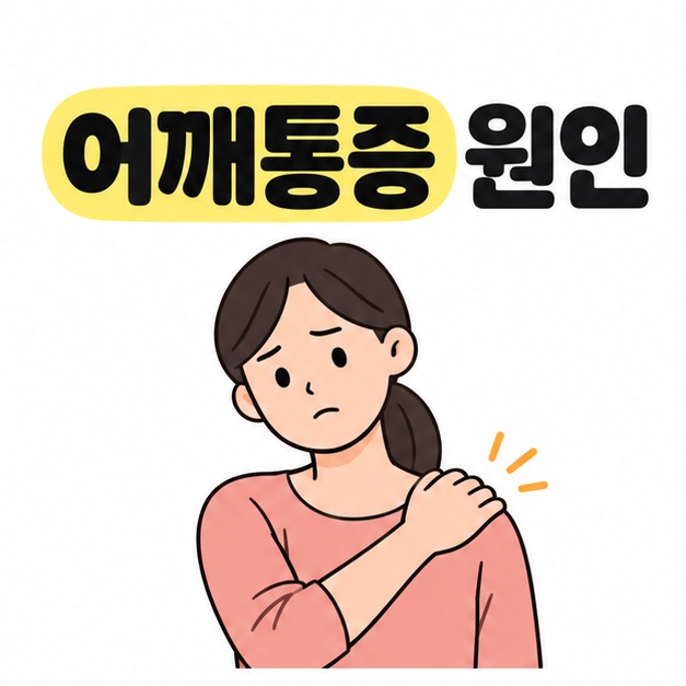 어깨통증 원인 제목 아래 사람이 반대쪽 손으로 어깨를 가볍게 짚어 상태를 확인하는 썸네일