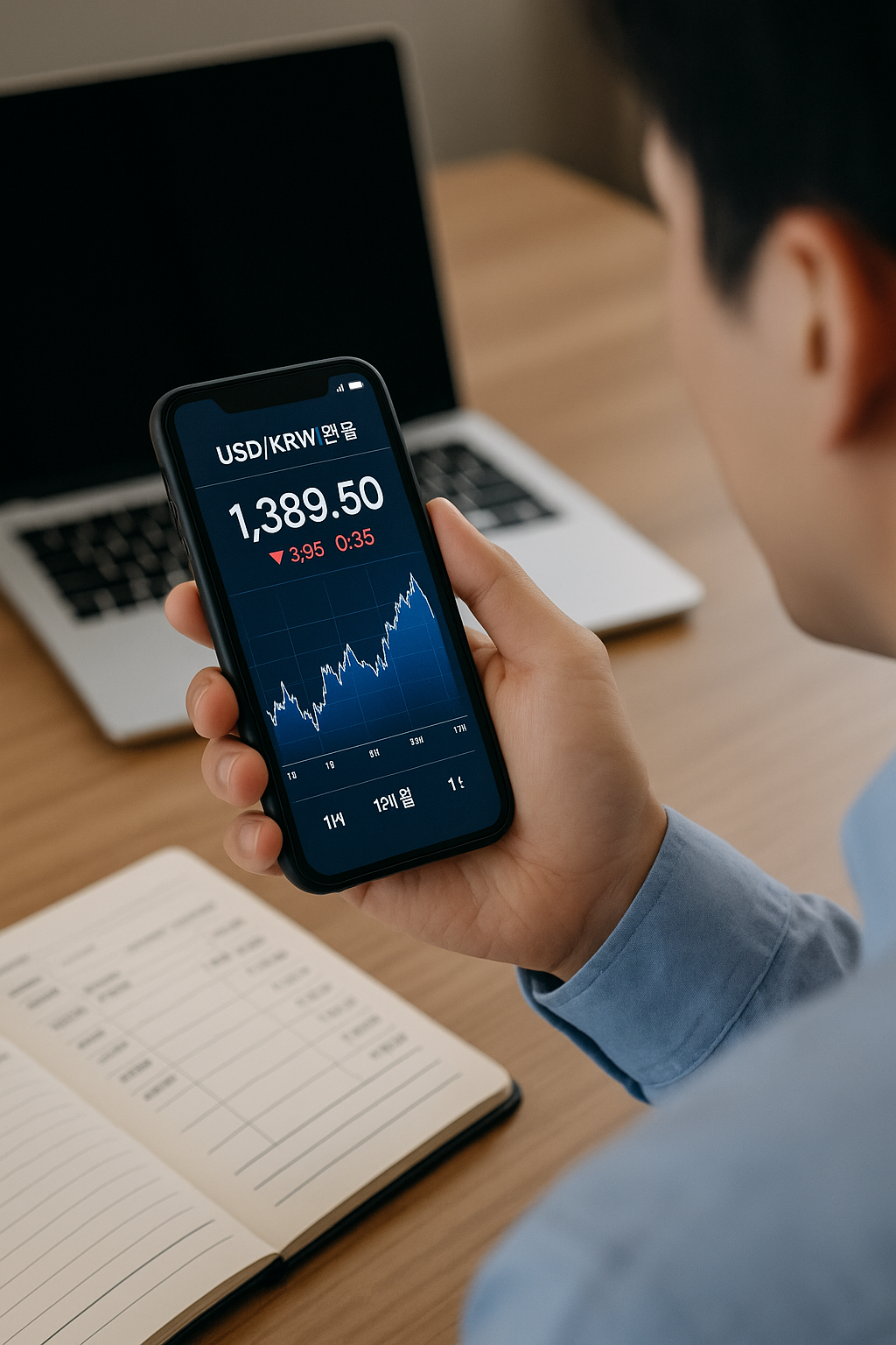 스마트폰에서 달러 환율을 확인하고 있는 투자자의 모습 이미지 그려줘~ 스마트폰에서 달러 환율을 확인하고 있는 투자자의 모습 이미지 그려줘~ 스마트폰에서 달러 환율을 확인하고 있는 투자자의 모습 