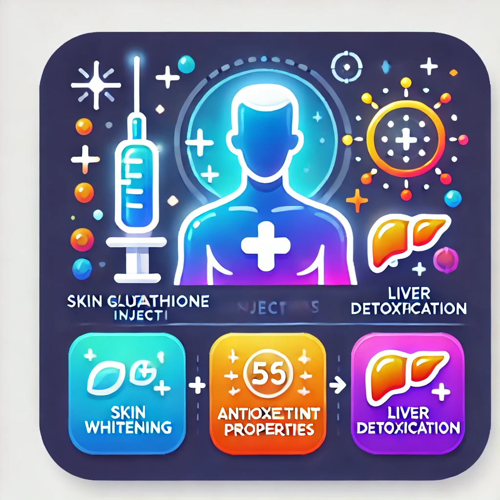 글루타치온 주사의 주요 효능을 설명하는 썸네일. 주사를 상징하는 주사기와 피부 미백, 항산화, 간 해독 효과를 나타내는 아이콘들이 함께 배치되어 있으며, 밝고 건강한 신체를 강조하는 그림으로 구성되어 있습니다.