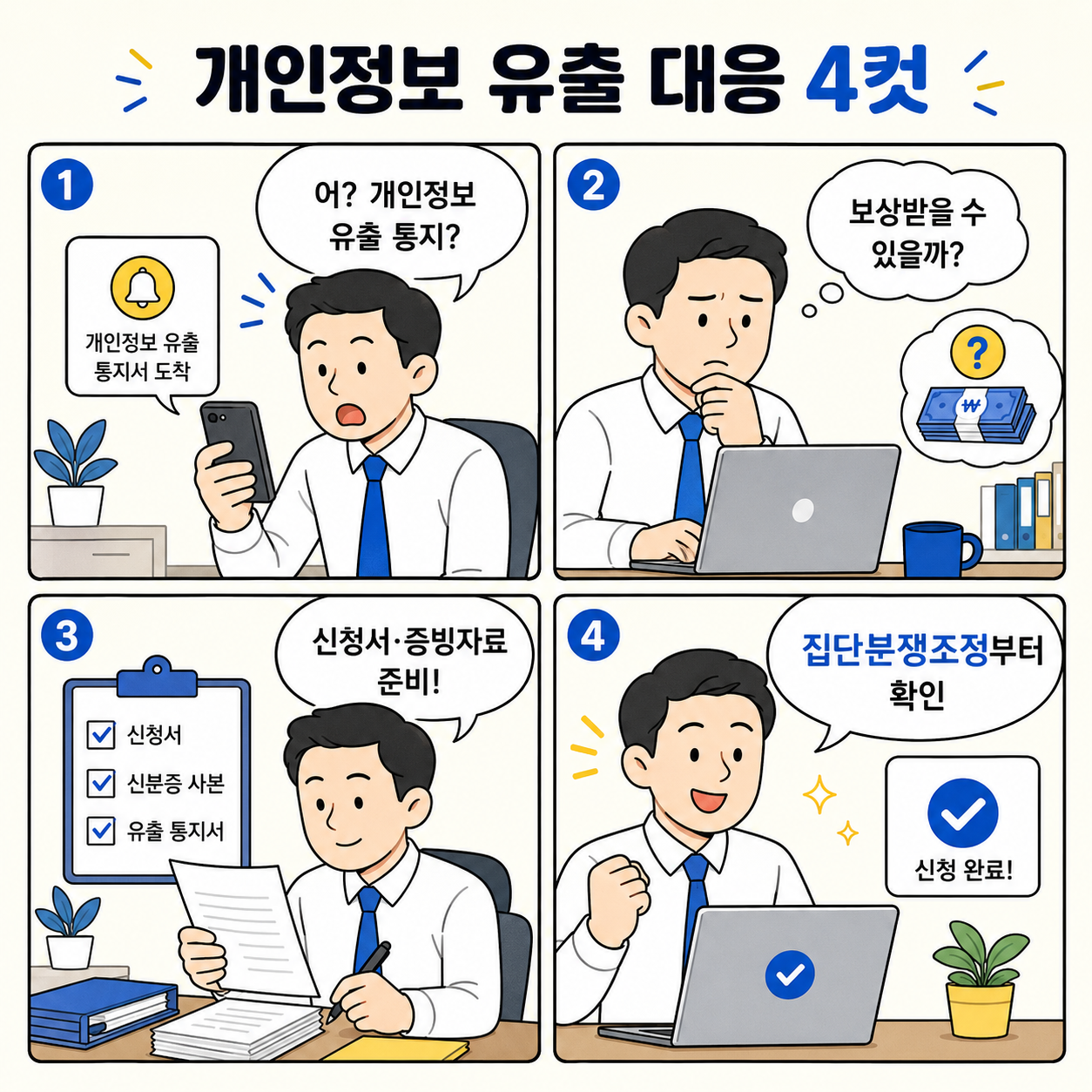 개인정보 유출 통지를 받은 직장인이 보상 가능성을 걱정하다가 신청서와 증빙자료를 준비하고 집단분쟁조정 절차를 확인하는 네컷만화