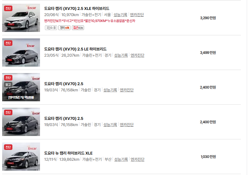 도요타 캠리 중고차 가격 시세표 연비