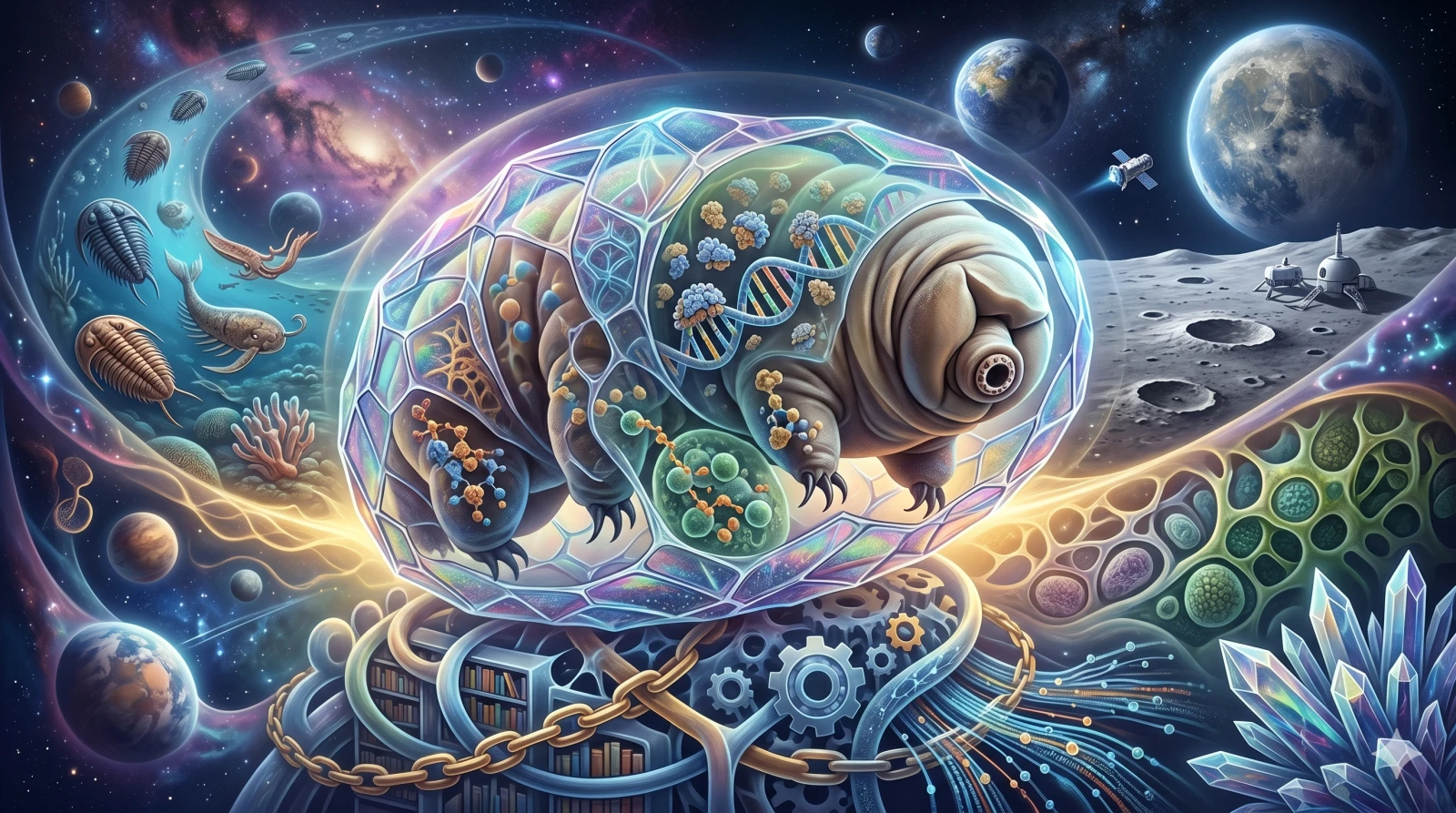 모래알의 망원경 🔭 요약: 휴면 상태, 유리화 현상, 디섭 단백질, 5억 년의 역사, 달 탐사선 요소를 콜라주 형태로 구성한 총정리 이미지