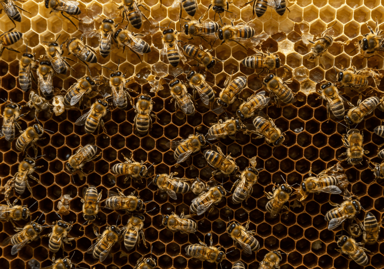 벌집 위에서 활동하는 꿀벌 무리, 프로폴리스 형성을 암시하는 장면