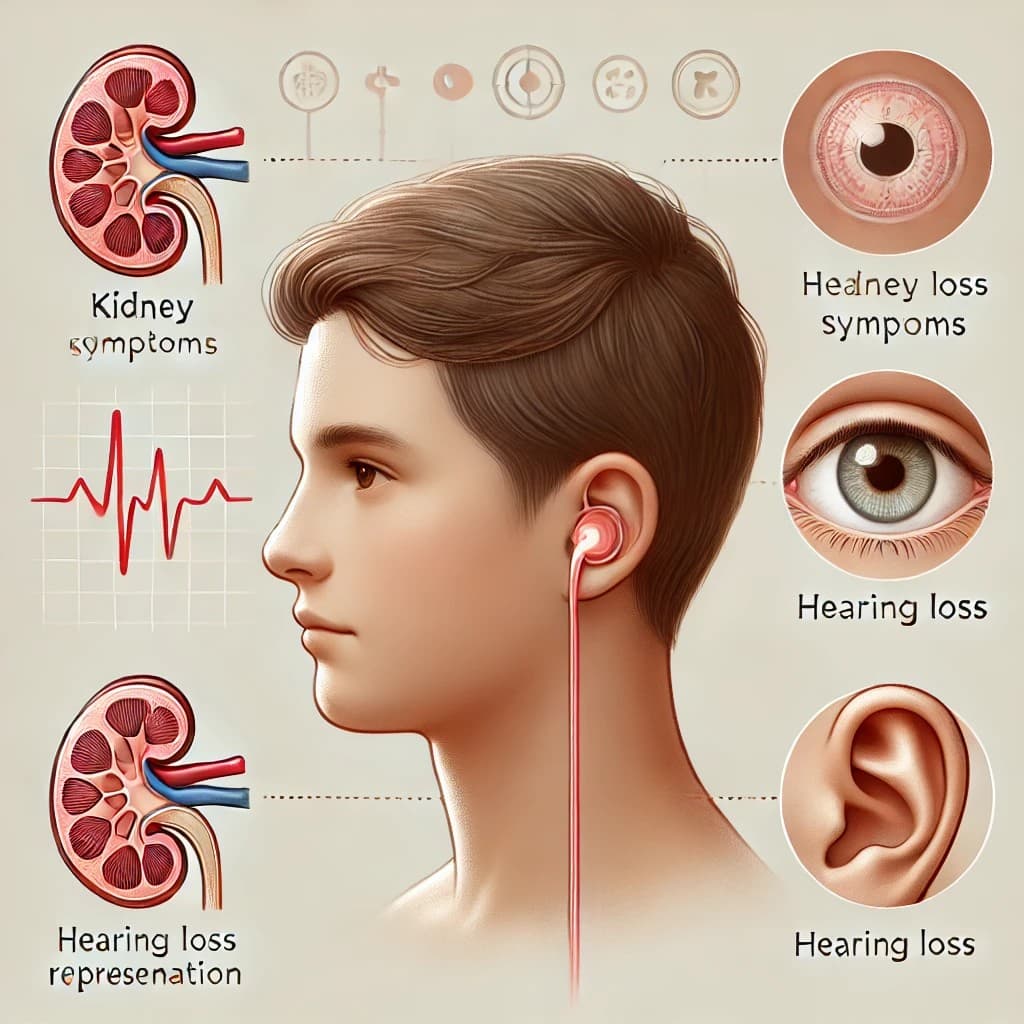 알포트(Alport Syndrome) 증후군의 의료 일러스트: 신장 질환, 청력 손실, 안과 이상을 시각적으로 표현한 교육용 이미지