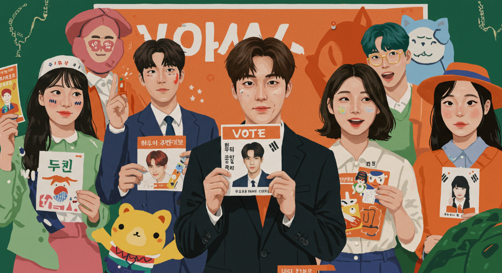 2025년 대통령선거에서 MZ세대가 개성 있는 캐릭터와 아이돌 투표 인증 용지를 들고 활기차게 참여하는 모습.