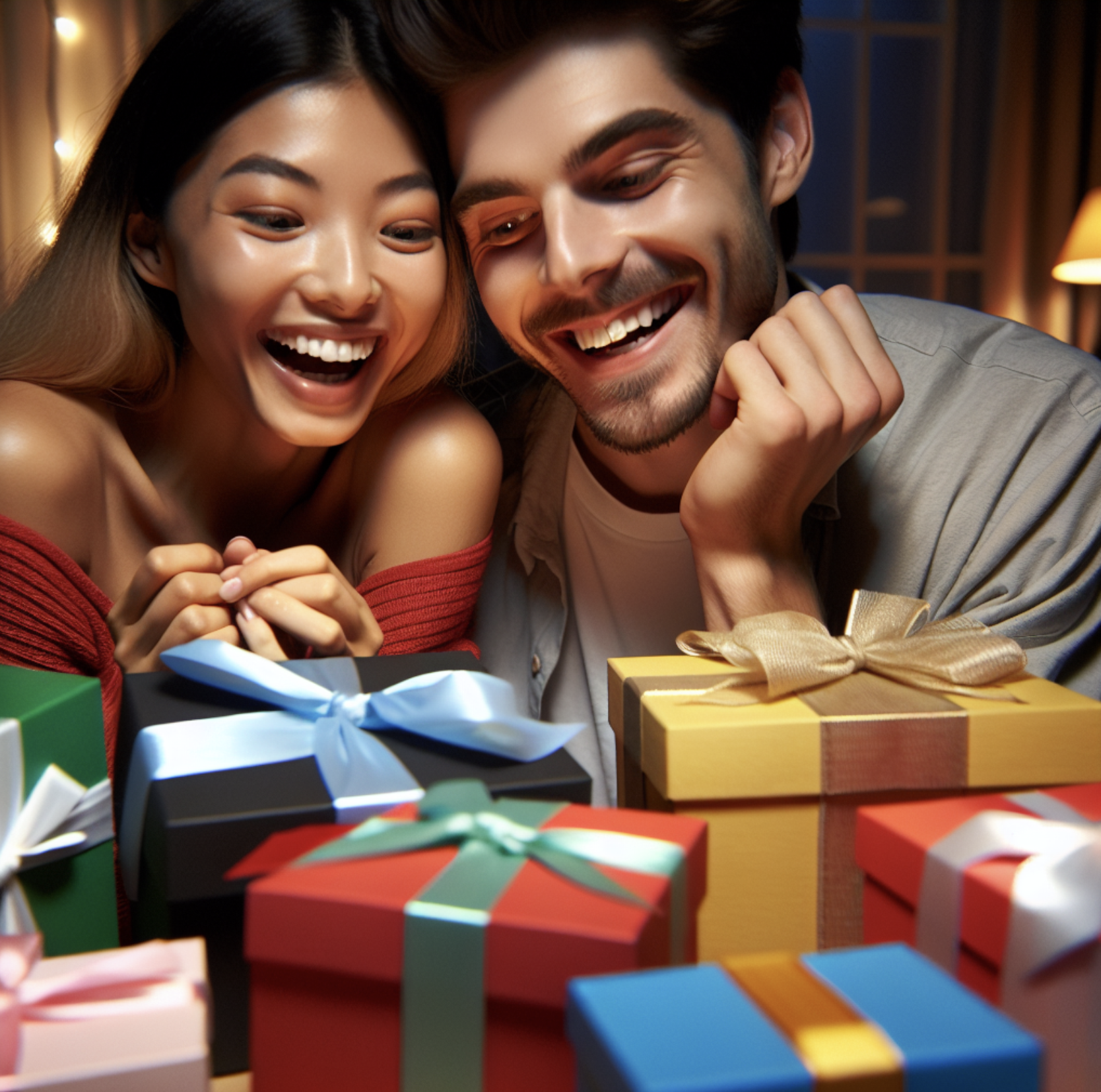 선물을 받고 좋아하는 젊은 부부의 모습
