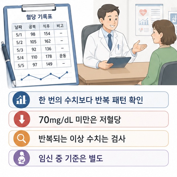 혈당을 한 번 측정한 결과만으로 판단하지 않고 반복되는 수치와 증상을 기록하며 저혈당이나 지속적인 고혈당은 의료진에게 확인해야 함을 보여 주는 그림