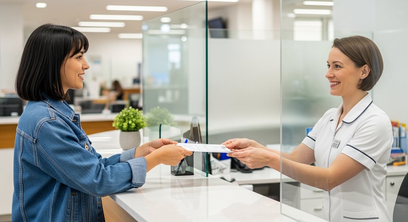 창구에서 보건증 발급 서류를 주고받는 모습