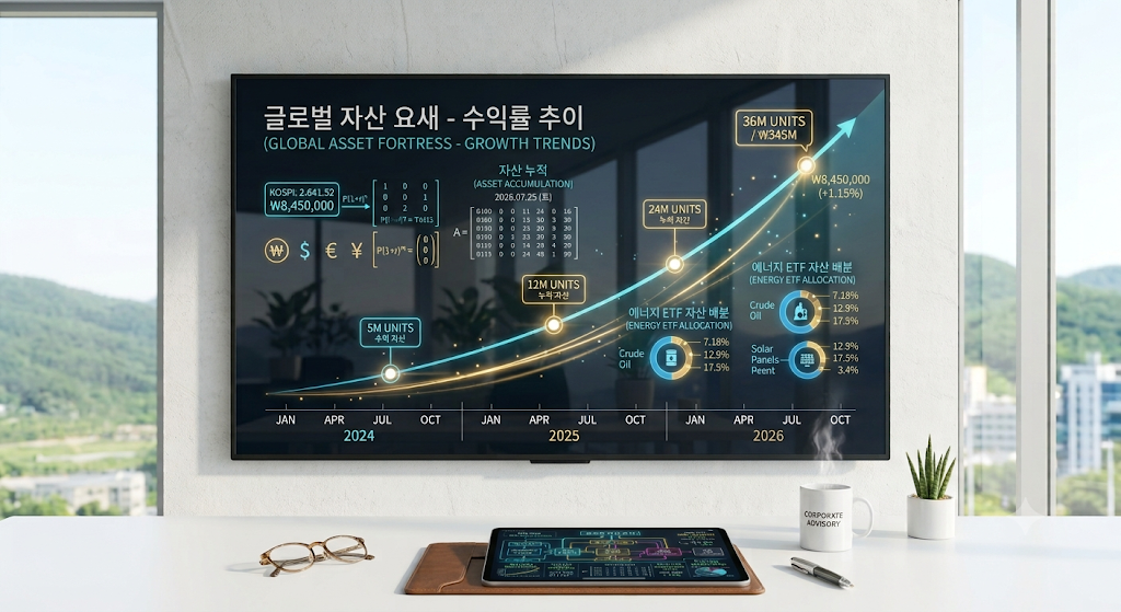 세련된 모던 오피스 데스크 위에 놓인 태블릿 PC 화면에 선명하게 찍힌 KIWOOM 미국원유 및 PLUS 태양광&ESS의 연금 계좌 복리 재투자 시뮬레이션