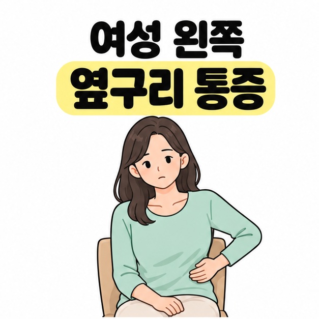 여성 왼쪽 옆구리 통증이라는 제목 아래 민트색 옷을 입은 여성이 의자에 앉아 왼쪽 옆구리에 손을 얹은 모습