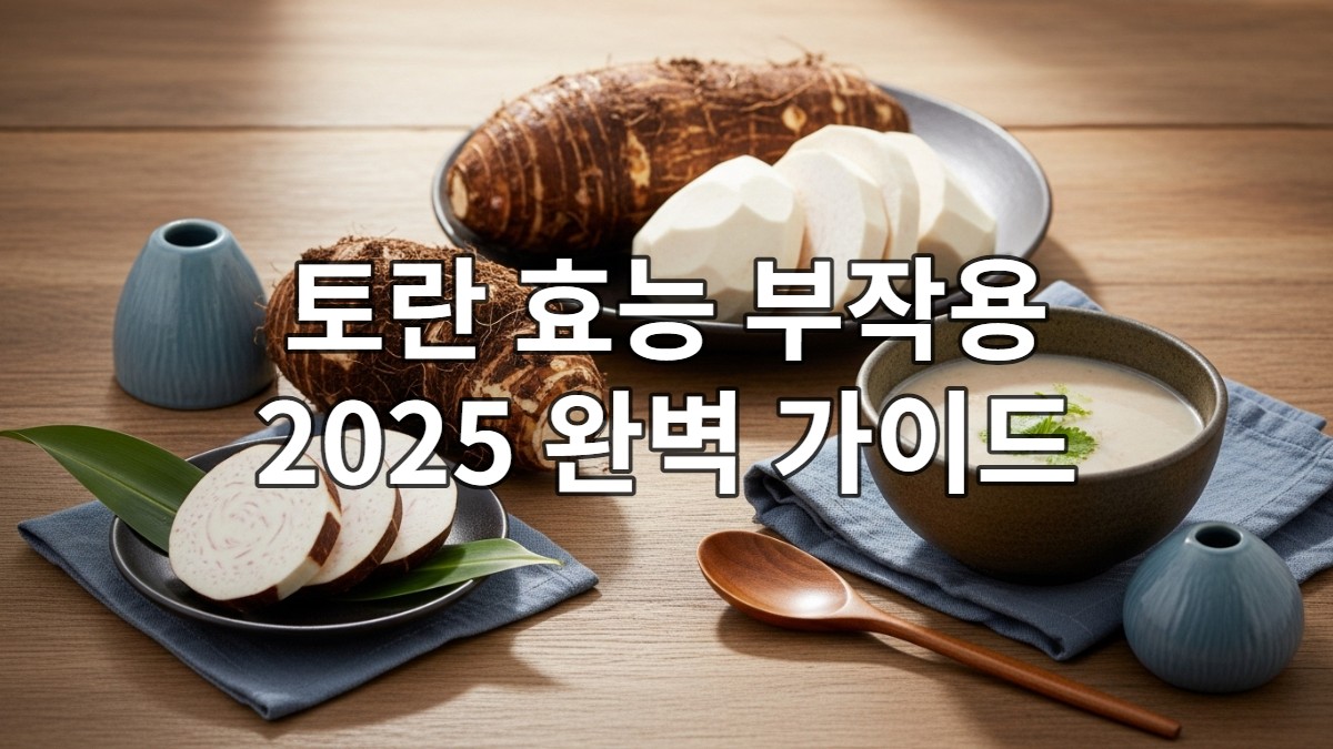 다양한 형태의 토란, 흙이 묻은 통 토란, 껍질 벗겨 손질된 토란, 그리고 먹음직스러운 토란국이 함께 놓인 건강하고 푸짐한 상차림.