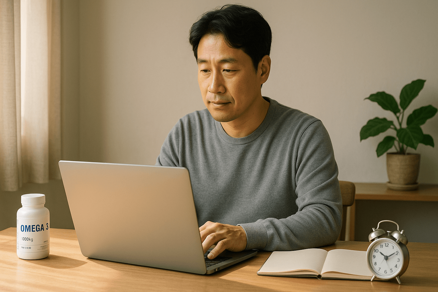 책상에서 노트북으로 건강 정보를 확인하는 40대 한국 남성(오메가3 제품과 메모장, 알람시계)
