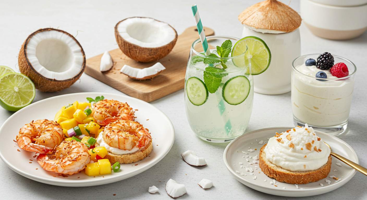 코코넛, 쉐이크, 동남아식 키토 다이어트 음식들이 놓여있다.