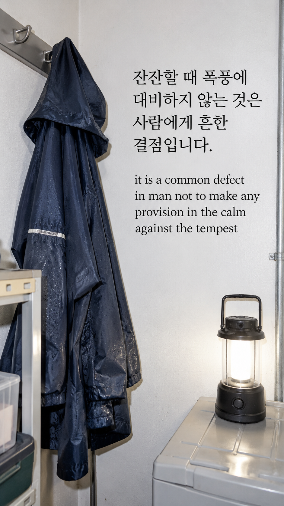 잔잔할 때 폭풍에 대비하지 않는 것은 사람에게 흔한 결점입니다. — 흰 벽에 걸린 우비와 비상등