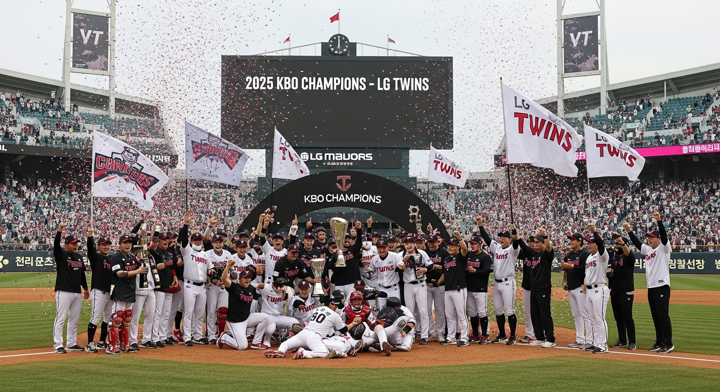 2025년 KBO 통합 우승을 차지한 LG 트윈스 선수들이 잠실 야구장에서 팬들과 함께 기쁨을 나누며 승리를 자축하는 모습.
