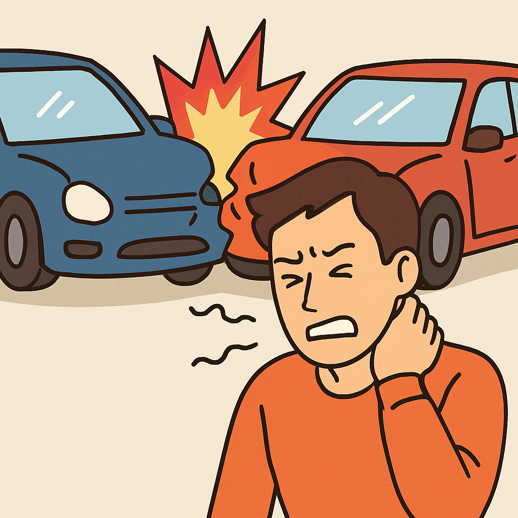 교통사고로 뒷목을 잡고 있는 남성
남성뒤로는 파란차와 빨간차가 사고가 나있음