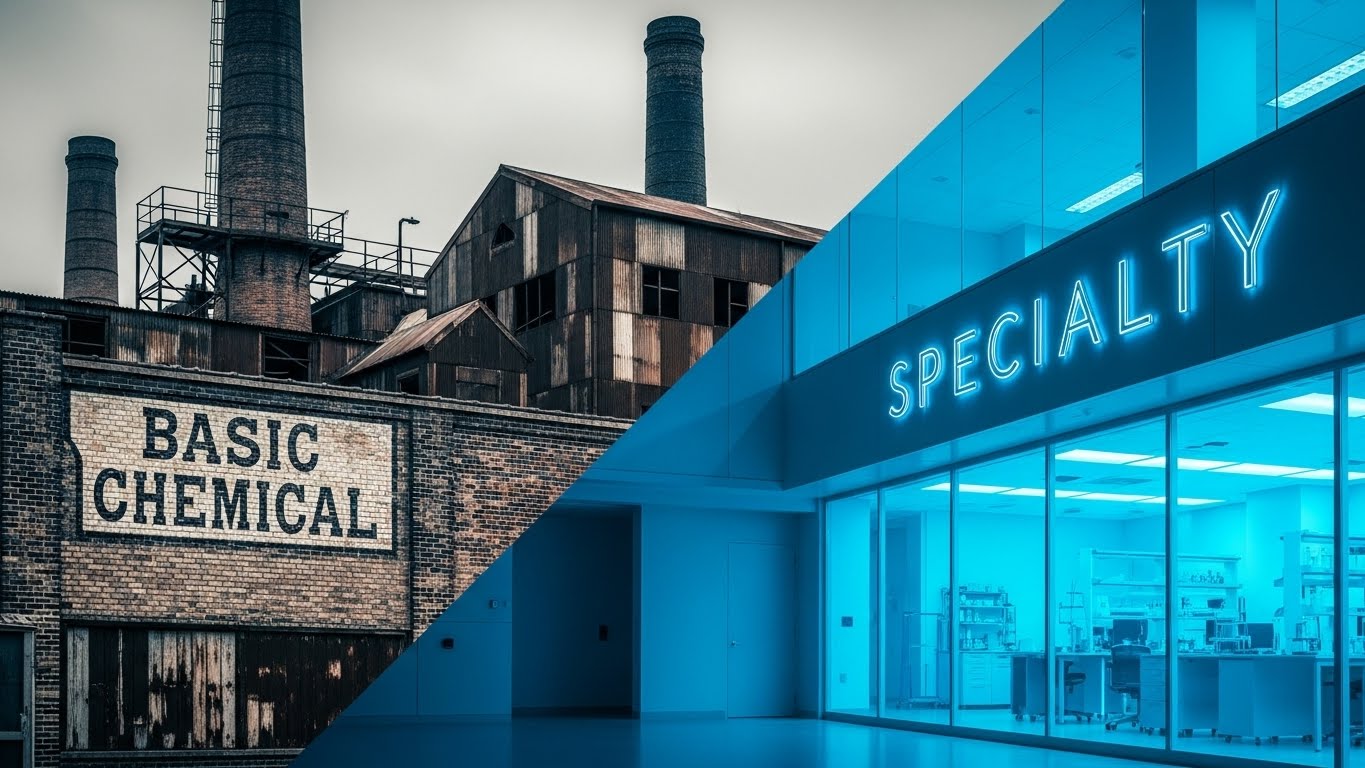 A dramatic contrast image showing a rusty, old factory labeled 'Basic Chemical' fading away, and a shiny, futuristic lab labeled 'Specialty' glowing bright blue, Classic Blue theme.