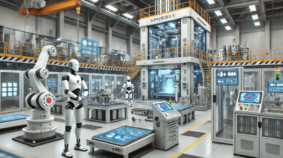 휴머노이드 로봇이 자동화 공장에서 근무