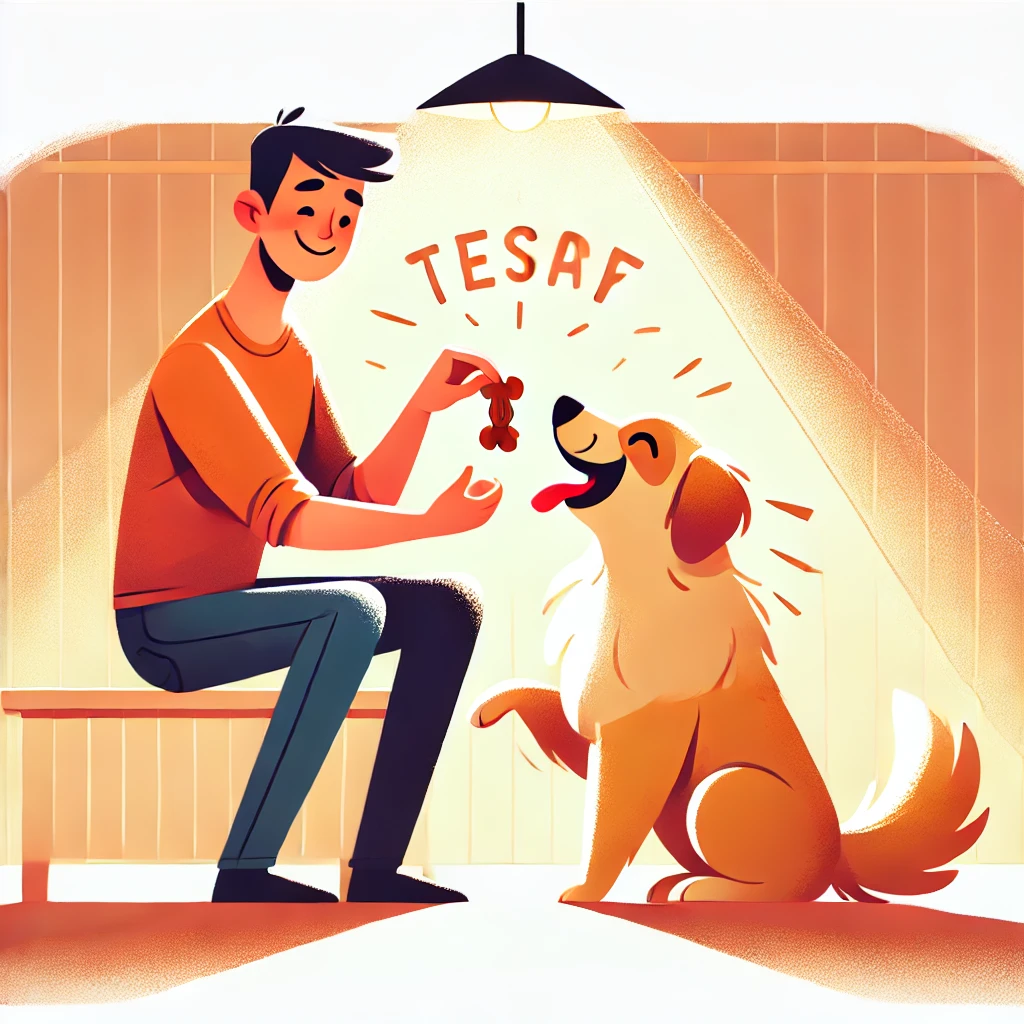 강아지가 훈련 중 주인에게 간식을 받고 칭찬을 듣는 장면