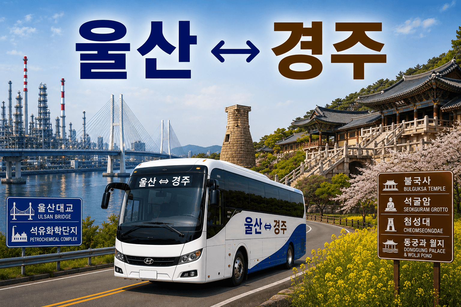 울산과 경주를 오가는 멋있는 버스와 경주불국사