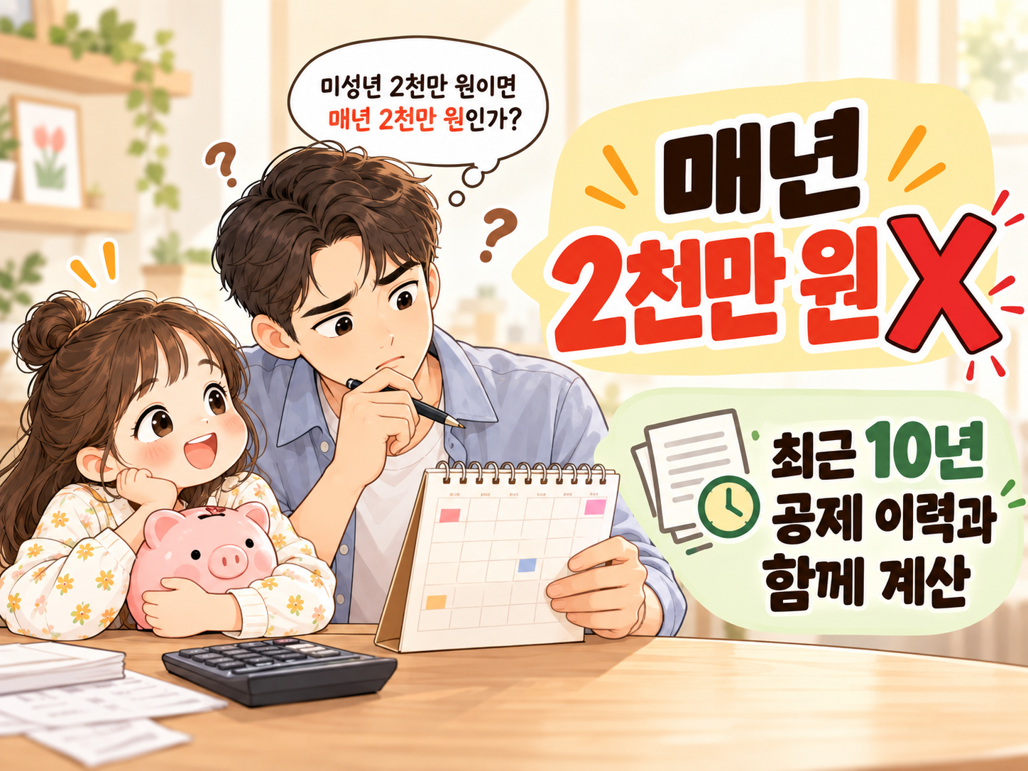 미성년 자녀의 증여세 기본공제 2천만원은 매년 새로 생기는 한도가 아니라 증여일 전 10년 이내 공제 이력과 함께 계산한다는 내용을 설명한 이미지