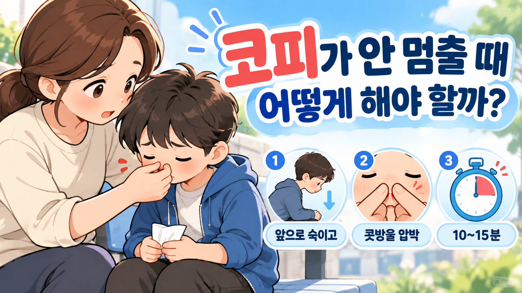 코피가 난 아이의 고개를 앞으로 숙이고 콧방울을 압박하는 올바른 응급처치