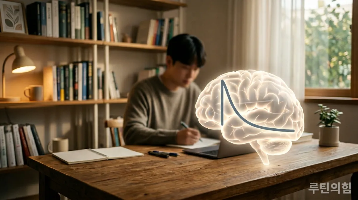 에빙하우스 망각곡선 그래프와 뇌를 상징하는 이미지