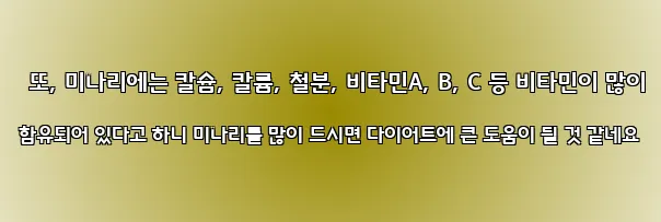  또, 미나리에는 칼슘, 칼륨, 철분, 비타민A, B, C 등 비타민이 많이 함유되어 있다고 하니 미나리를 많이 드시면 다이어트에 큰 도움이 될 것 같네요