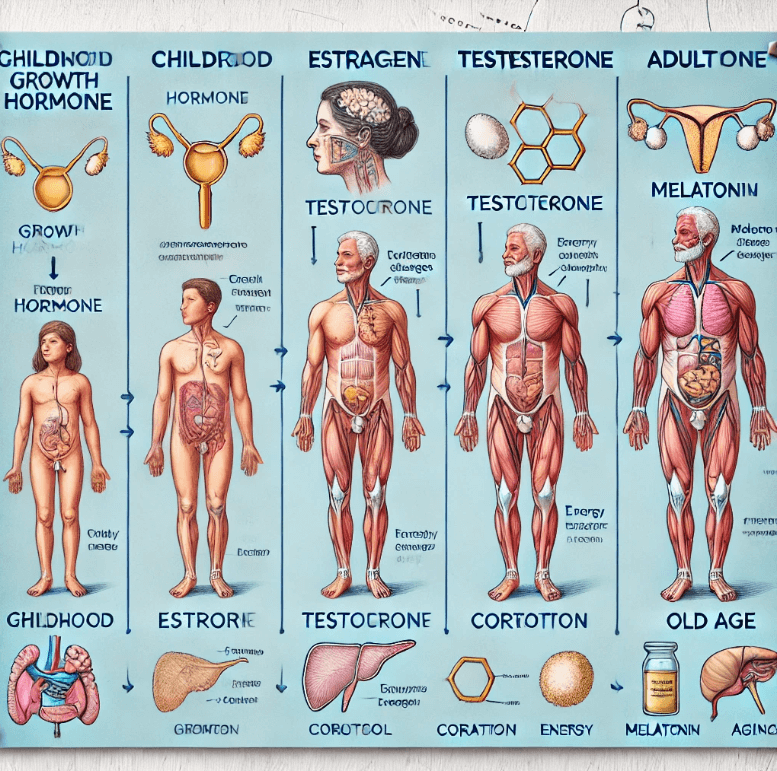 발달과 노화에 있어서 호르몬의 역할을 보여주며 , 다양한 생활 단계와 그에 따른 호르몬 효과를 묘사한 이미지