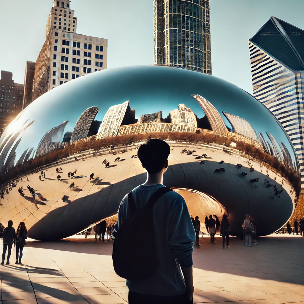 맑은 날, 더 빈(Cloud Gate)에 비친 시카고 스카이라인과 인물 실루엣 사진