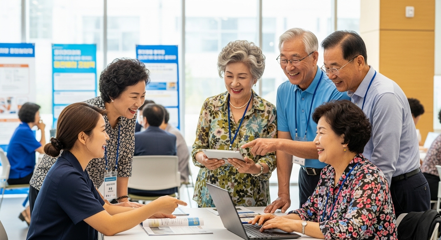 다수의 밝게 웃는 한국인 시니어들이 현대적인 커뮤니티 센터에서 직업 박람회나 교육 수업에 참여하며 활발히 교류하는 모습.